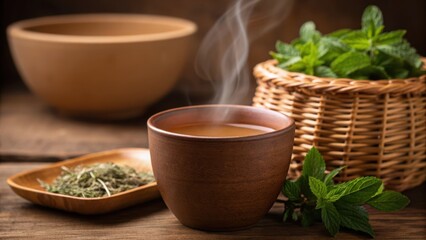 Hawaii spiritual retreat Steaming cup of herbal tea surrounded by fresh mint leaves and loose herbs on a wooden table.