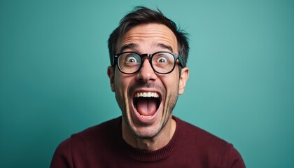 Young man with glasses shouts with wide open mouth. His eyes are wide with excitement and surprise. He wears a maroon sweater against a teal backdrop, conveying energetic emotion.