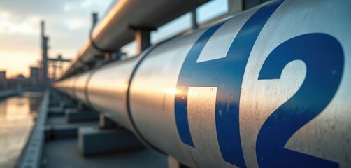 Large metal pipes with H2 labels mark industrial hydrogen transport system. Modern energy infrastructure operates in large scale facility. Future clean fuel network is expanding.