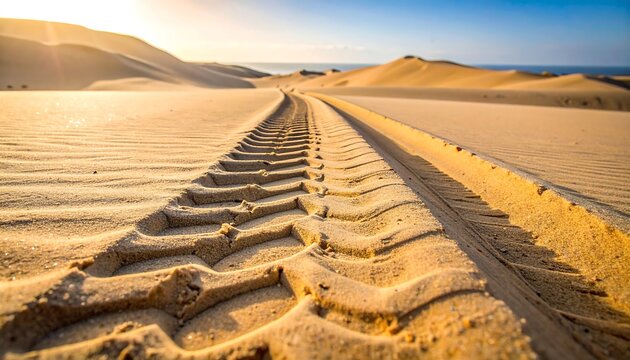 A track of tires on sandy terrain, leading to an obscured horizon under a brilliant sunrise. A desert landscape unfolds