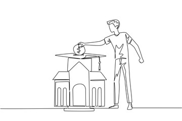 Single one line drawing a man puts coins into a graduation cap and the campus building below. College financing. For better future. College Savings Day. Continuous line design graphic illustration