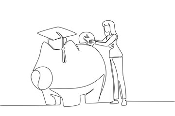 Single continuous line drawing a woman puts a dollar coin into a big piggy bank wearing a graduation cap. Opening an education savings account. College Savings Day. One line design vector illustration