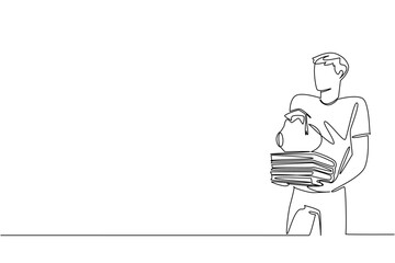 Single continuous line drawing man carrying stack of thick books with piggy bank with a graduation cap on top. Preparing for higher education. College Savings Day. One line design vector illustration