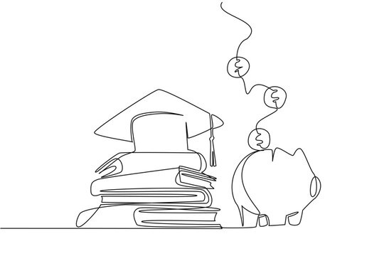 Single one line drawing pile of thick books topped with graduation cap and piggy bank filled with coins. Preparing education savings. College Savings Day. Continuous line design graphic illustration