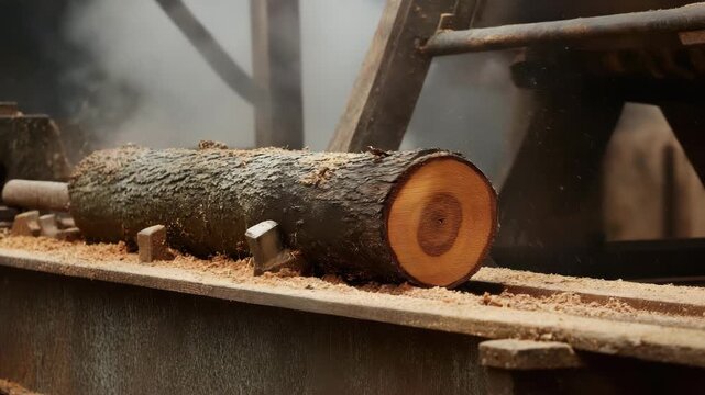A log is expertly cut on a sawing machine, depicting the raw beauty of woodworking, craftsmanship, and the intricate process of transforming nature's resources into functional products.