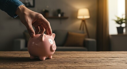A person's hand gently places a pink piggy bank on a wooden table, symbolizing savings and financial planning