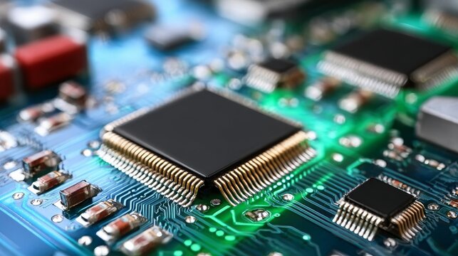 Close-up Illustration of Microcomputer Circuit, Detailing Integrated Technology in PCB Device Design