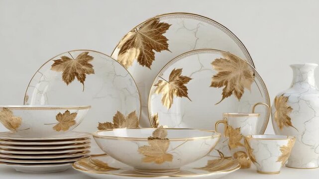 White porcelain dinnerware set with gold leaf designs, including plates, bowls, cups, and a vase.