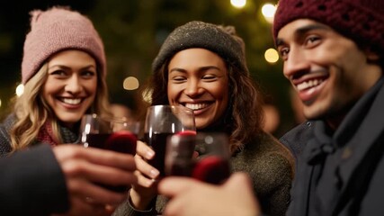 A warm and cheerful gathering where friends smile and toast with glasses filled with a rich red beverage, appreciating each other's company in a festive atmosphere.