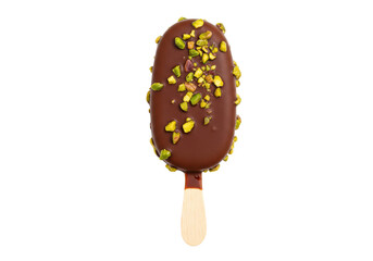 Isolated chocolate ice cream bar with pistachio, classic summer treat, dessert on stick