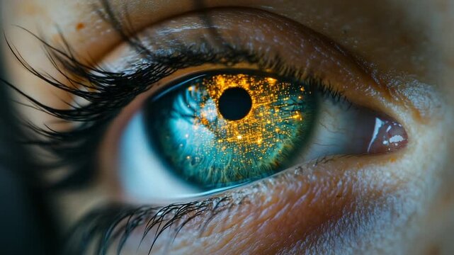 Close-up of a human eye, showing intricate details of the iris and pupil, with reflections of light.