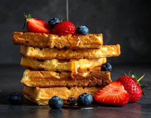 Stacked golden waffles with fruit and syrup pouring down