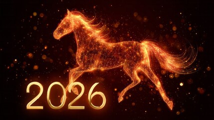 Fire-forged horse gallops through cosmic ether, heralding the Year of the Horse, celestial zodiac celebration