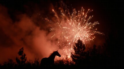 Nighttime horse silhouetted against fiery fireworks, evoking Diwali magic and cosmic equestrian dreams, with celestial blaze enchantment
