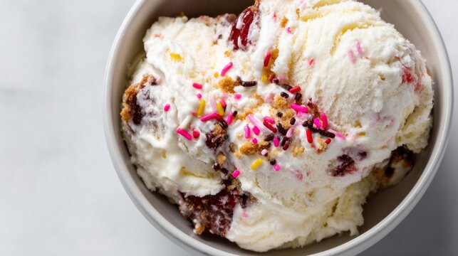 Vanilla ice cream speckled with festival sprinkles, capturing Sundae Funday joy and whimsical International Ice Cream for Breakfast Day