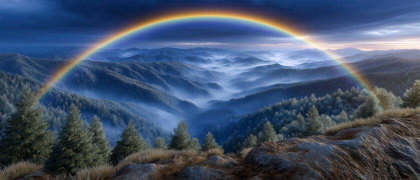 Rainbow Over Serene Valley: A captivating scenic view unfolds, as a vivid rainbow arcs majestically across a misty valley nestled between lush green mountains. - Powered by Adobe