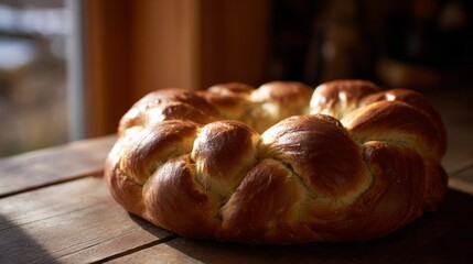 Golden challah loaf on rustic table, evoking warmth of Shabbat traditions, braided beauty, comforting embrace of family rituals