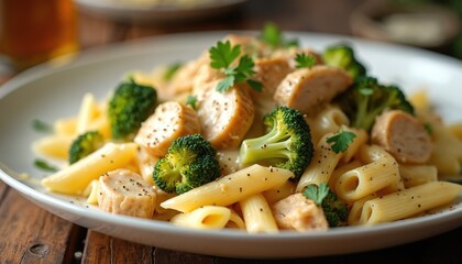 Creamy chicken broccoli alfredo pasta dish with penne, fresh herbs, and black pepper. This hearty meal is presented on a white plate, offering a savoury, delicious, and satisfying dining experience.
