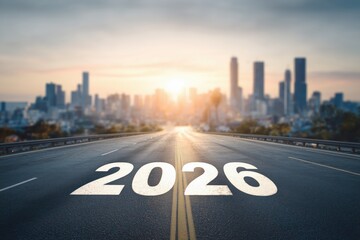 Road to 2026: A straight, open road marked with the year 2026 leads toward a vibrant cityscape at sunrise, evoking hope, anticipation, and forward-thinking.