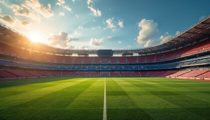An empty football stadium is shown. Sunlight streams onto green turf. The stadium seats are empty with red and blue colors. A clear sky completes the scene.