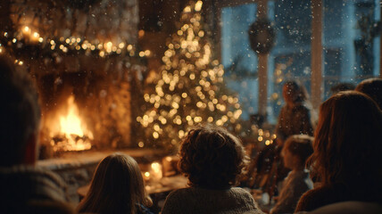 Family Relaxing By Christmas Tree And Fireplace With Snowy Winter View Through Window Cozy Evening