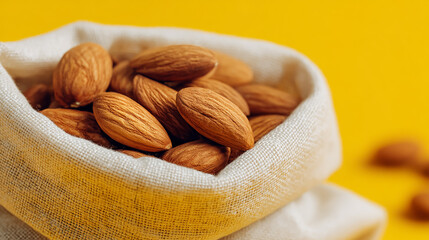 Close-up of fresh almonds in a neatly arranged white reusable fabric bag, placed on a bright yellow background