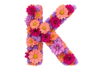 Isolated floral letter K alphabet, decorative typeface made of colorful flowers, summer bloom