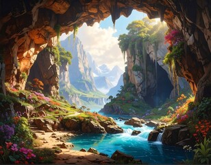 Stunning Landscape View from Cave Opening, Beautiful River and Mountain Scenery