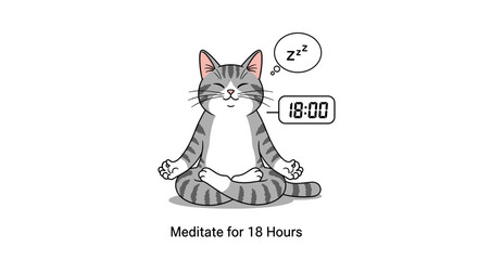 Obraz premium Cat meditating with text about 18 hours of meditation 