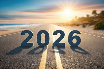 Road to 2026: The open road stretches towards the horizon with a numerical representation of the year 2026, signifying a journey of time, hope, and new beginnings under a picturesque sky. 