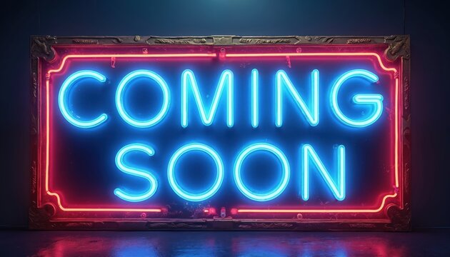 Retro neon sign glows with COMING SOON text in vibrant blue and pink. Use this announcement graphic for product launches, event promotions, or marketing campaigns.
