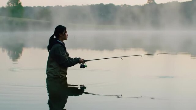 Serene morning fishing: angler stands in misty lake waters, focused on catch