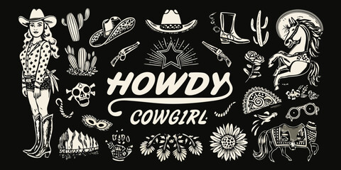 Howdy cowgirl western style illustration collection with cowboy boots hats horses and cacti