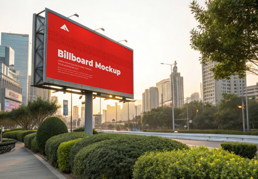 City Outdoor Advertising Billboard Mockup at Sunset with Urban Skyline Background