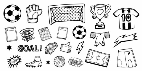 Collection of hand drawn soccer elements including balls goals trophies jerseys shorts and cleats