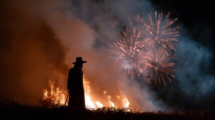 Mysterious silhouette of an individual in a wide-brimmed hat against crackling bonfire and luminous fireworks, embodying Samhain's enchantment and bonfire night revelry