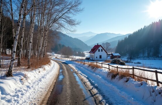 Winter road leads through snowy landscape. White house with red roof is near the road. Sun shines over mountains and forest. Scene is cold and beautiful.