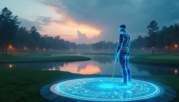 Futuristic golfer stands on glowing platform on green golf course near lake. AI player uses high tech for practice. Digital avatar enjoys sport at sunrise. Golfing innovation concept with science.