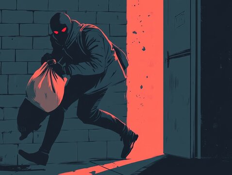 A shadowy figure in a dark hallway, stealing a sack.