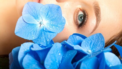 Closeup girl with blue eyes skin macro blue hydrangea fashion