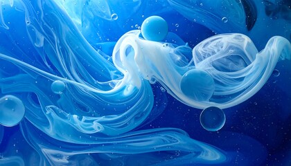 A mesmerizing abstract of swirling white and blue ink creating an ethereal and watery visual effect, with floating spheres