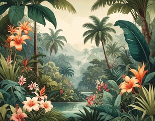 Tropical rainforest landscape illustration with flowers and palm trees in a serene jungle