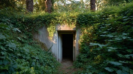 Naklejka premium Enigmatic ivy-cloaked bunker entrance, whispers of hidden histories and secrets, perfect for Ghostober or National Scavenger Hunt Day