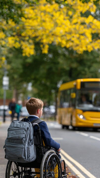 Child in school uniform in wheelchair waiting for yellow school bus on an autumn morning with supportive caregiver nearby
