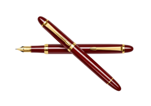 Isolated Burgundy fountain pens lying on each other, writing instrument, elegant, luxury