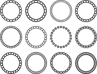 Twelve black and white circular frames with various decorative border patterns