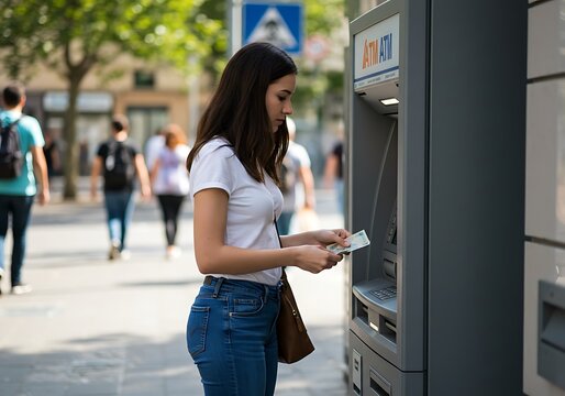 Woman using ATM machine on a city street, counting money after a successful transaction