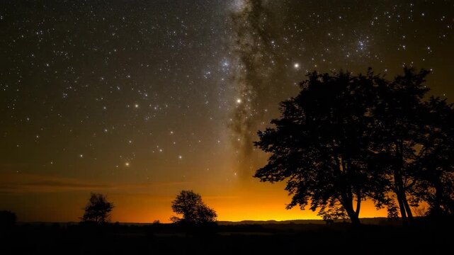 A peaceful twilight scene showcasing a gradient sky filled with stars, set against the silhouette of trees, evoking a sense of calmness and reflection at day&rsquo;s end.