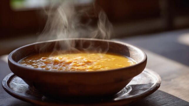 Steaming bowl of golden lentil soup, exuding rustic warmth, perfect for Hygge bliss or Gurpurab feasting, cozy autumn - Powered by Adobe