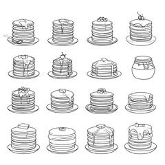 Stacked pancake illustrations, various toppings, syrup, butter, berries, and plate details